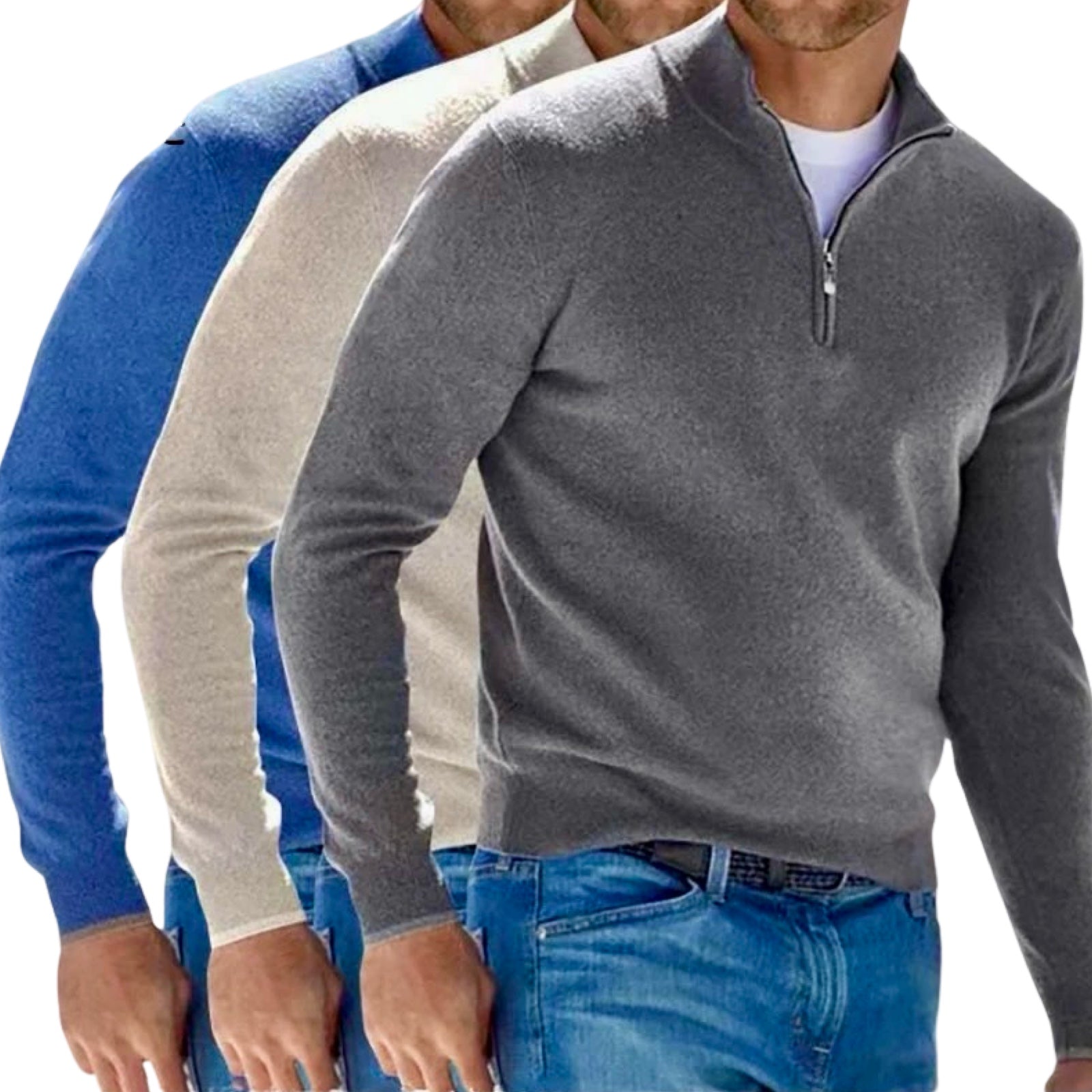 Warme Heren Trui - Casual V-Hals Sweatshirt met Halve Rits